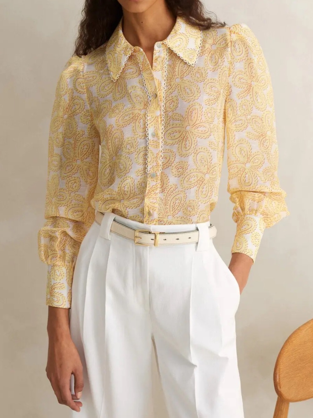Silk Linen Lace Print Balloon Sleeve Blouse ME+EM Size Small NWT